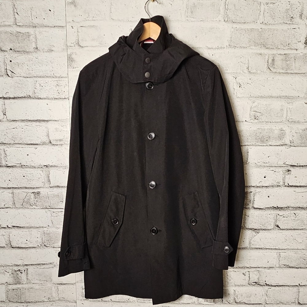 Tommy Hilfiger Black Trench Coat Hooded Rain Jacket Size Small